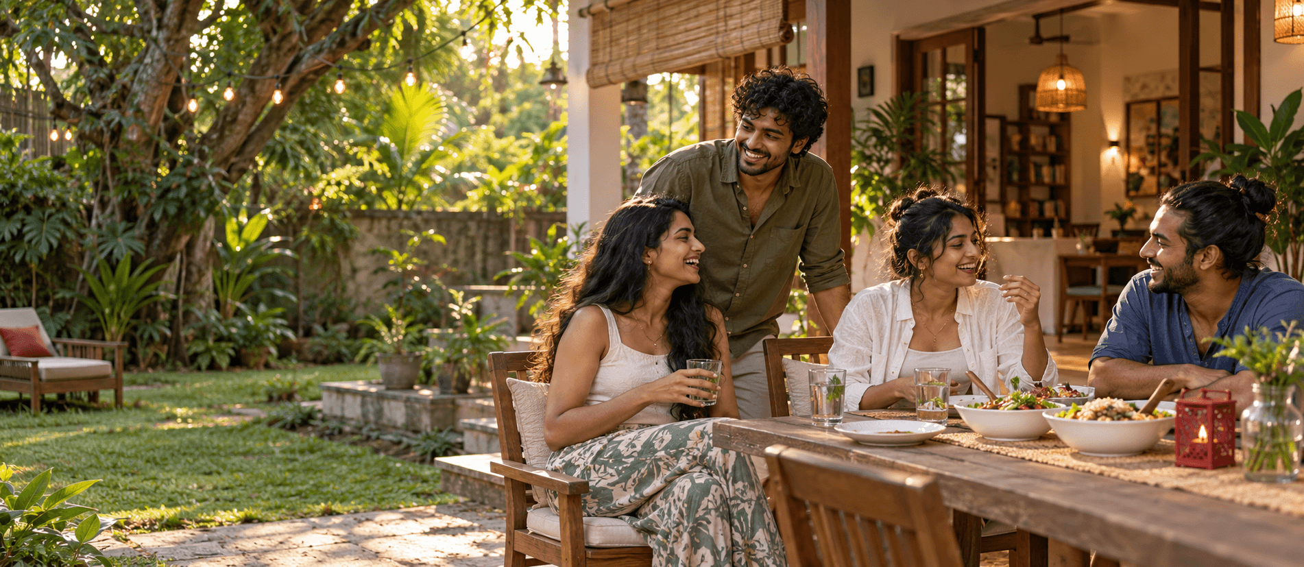 Sri Lankan housemates sharing a meal in a tropical garden